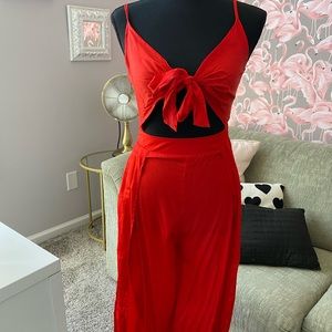 SHEIN Red tie Long pants romper with slits on both sides of the pants size XS